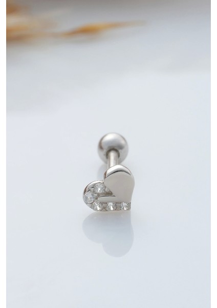 925 Ayar Kalp Motifli Taşlı Minimal Tragus Piercing