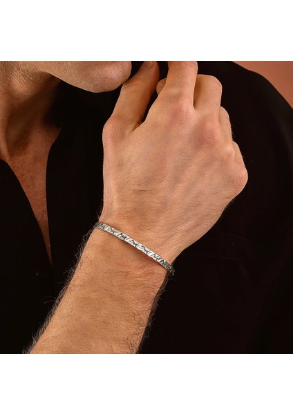 925 Ayar Gümüş Kabartmalı Unisex Kelepçe Bileklik