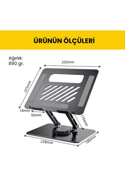 360 Derece Dönebilen Yükseklik Ayarlı Studio Style Alüminyum Laptop ve Tablet Standı