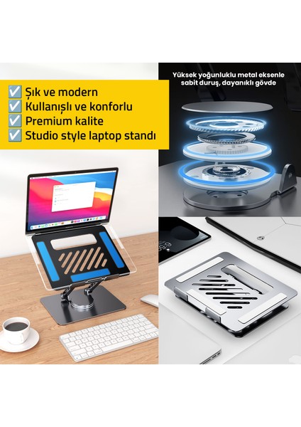 360 Derece Dönebilen Yükseklik Ayarlı Studio Style Alüminyum Laptop ve Tablet Standı