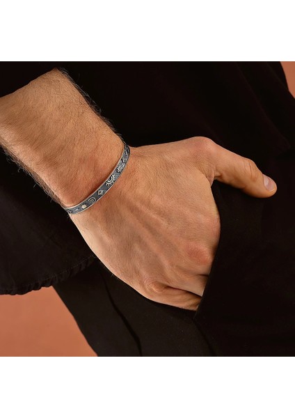 925 Ayar Gümüş Budizm Sembollü Unısex Kelepçe Bileklik