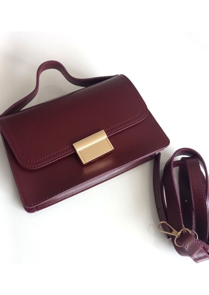Kadın Bordo Kapaklı Minimalist Omuz ve El Çantası Kutulu Form