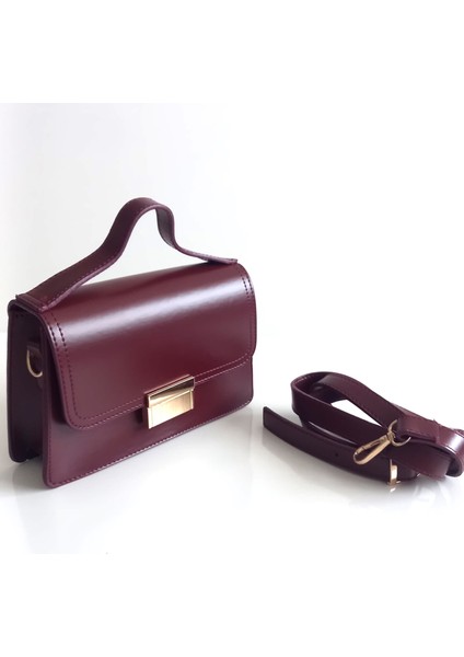 Kadın Bordo Kapaklı Minimalist Omuz ve El Çantası Kutulu Form