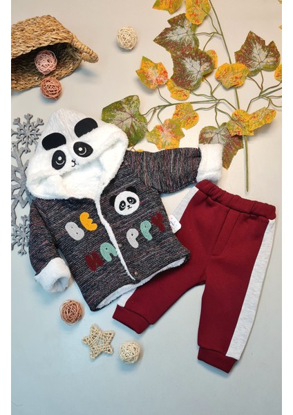 Erkek Bebek Panda Nakışlı Kışlık Içi Pamuklu Bordotakım