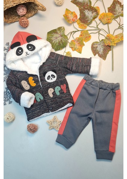 Erkek Bebek Panda Nakışlı Kışlık Içi Pamuklu Gri Takım