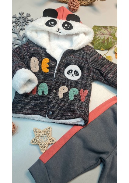 Erkek Bebek Panda Nakışlı Kışlık Içi Pamuklu Gri Takım