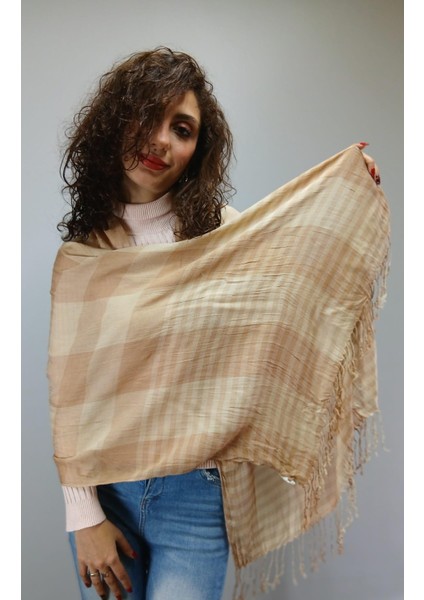 Krem Rengi Ekose Kadın Fular Şal Eşarp 190X65 cm fiyatları