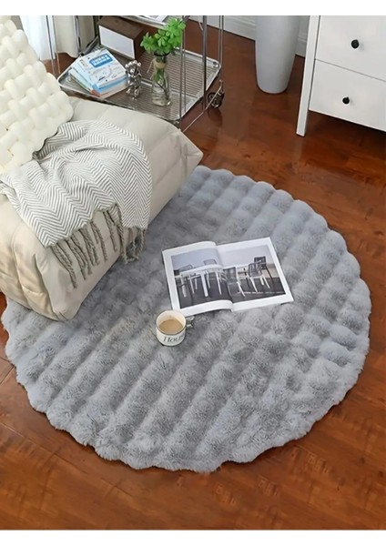 Bubble Tavşan Tüyü Peluş Gri Yuvarlak Yumuşak Dokulu Kaymaz Halı