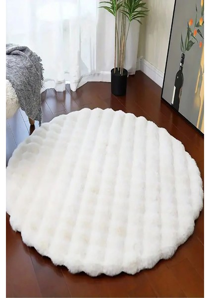 Bubble Tavşan Tüyü Peluş Beyaz Yuvarlak Yumuşak Dokulu Kaymaz Halı