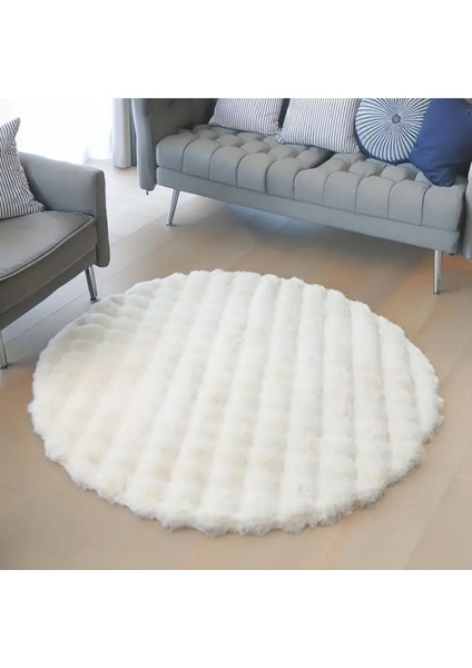 Bubble Tavşan Tüyü Peluş Beyaz Yuvarlak Yumuşak Dokulu Kaymaz Halı