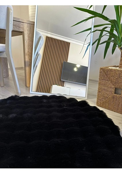 Bubble Tavşan Tüyü Peluş Siyah Yuvarlak Yumuşak Dokulu Kaymaz Halı