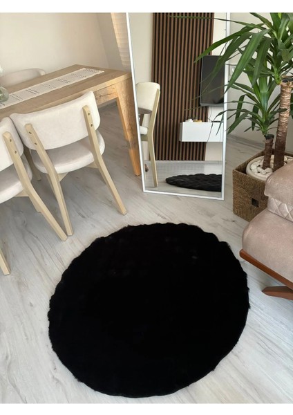 Bubble Tavşan Tüyü Peluş Siyah Yuvarlak Yumuşak Dokulu Kaymaz Halı