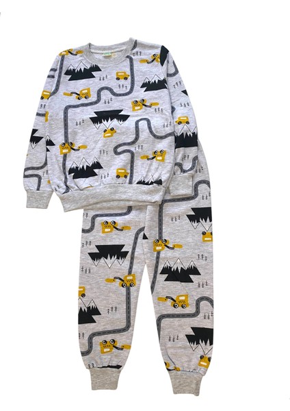 Erkek Çocuk Iki Iplik Pamuklu Şardonlu Gri Yol Desenli Uzun Kollu Kışlık Pijama Takımı