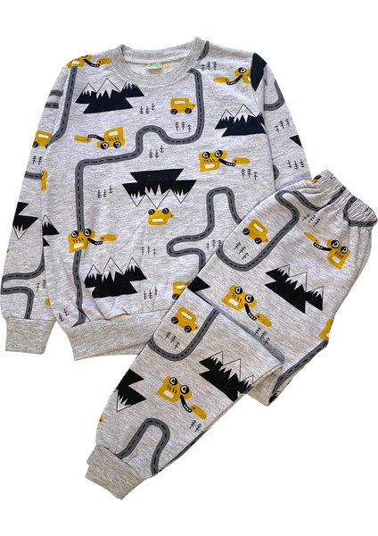 Erkek Çocuk Iki Iplik Pamuklu Şardonlu Gri Yol Desenli Uzun Kollu Kışlık Pijama Takımı modelleri