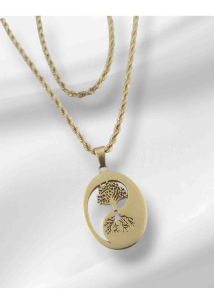 Yaşam Ağacı ve Kökleri 60 Cm.zincir Gold Çelik Kolye