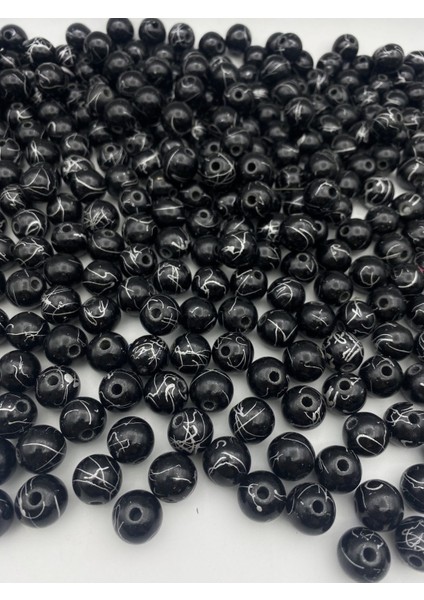 14MM Gümüş Yaldızlı Damarlı Siyah Boncuk Takı ve Çanta Yapım Boncuğu (100GR,~56 Adet)
