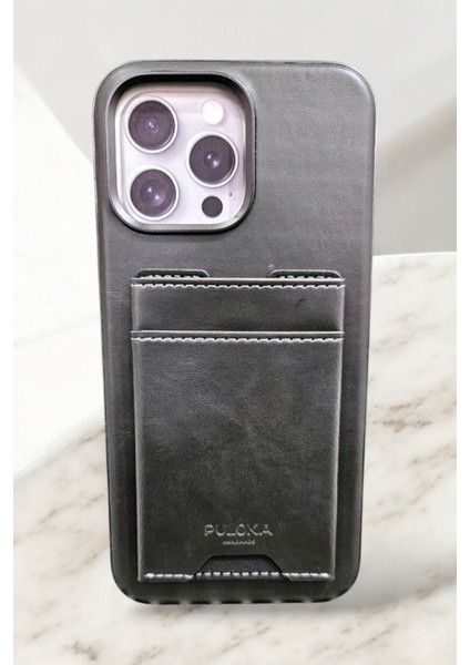 Apple iPhone 15 Pro Max Uyumlu Suni Deri Premium Kartlıklı Siyah Kılıf