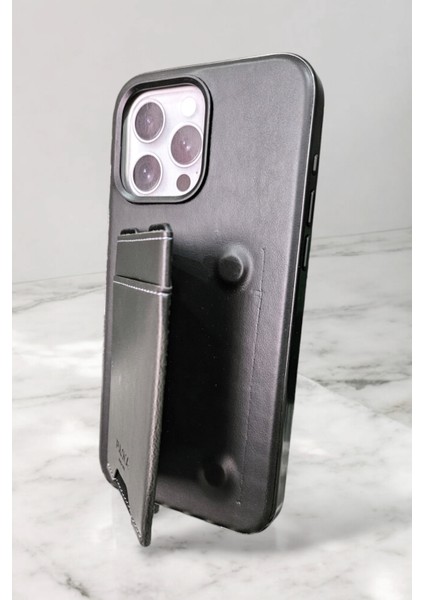 Apple iPhone 15 Pro Max Uyumlu Suni Deri Premium Kartlıklı Siyah Kılıf modelleri