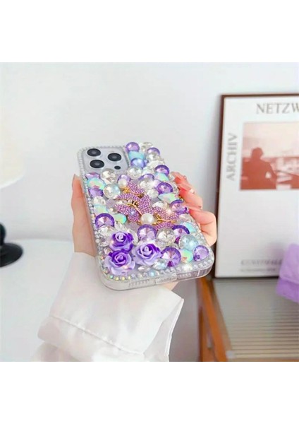 Daisycase Lüks Taş ve Çiçek Tasarımlı Apple iPhone 16 Pro Max Kılıf Mor