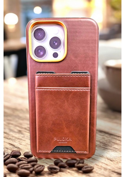Apple iPhone 15 Pro Max Uyumlu Suni Deri Premium Kartlıklı Kahverengi Kılıf