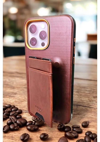Apple iPhone 15 Pro Max Uyumlu Suni Deri Premium Kartlıklı Kahverengi Kılıf modelleri