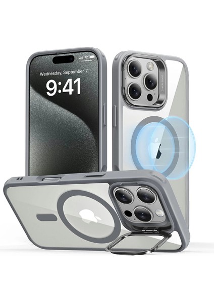 iPhone 16 Pro Max Kılıf Halolock MagSafe Classic Hybrid Standlı Silikon - Şeffaf Gri