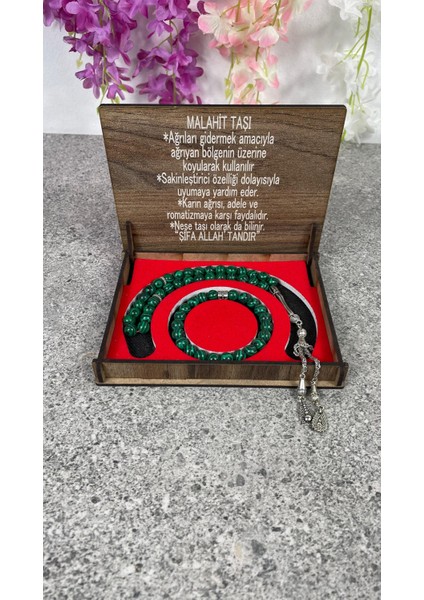 Özel Ahşap Kutulu Malahit Taşı Tesbih Bileklik Set Doğal Taş