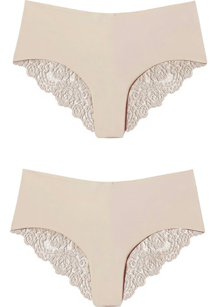 Luxury Kadın Lazer Kesim Dantel Detaylı Açık Kahverengi 2li Slip Külot