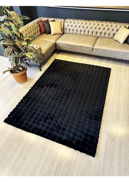 Bubble Tavşan Tüyü Peluş Siyah Yatak Odası Banyo Koridor Mutfak Yumuşak Dokulu Kaymaz Halı