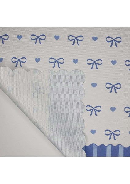 Romantik Mavi Çizgili Fiyonk ve Kalp Desenli Lazer Kesim Kumaş Fırın Örtüsü