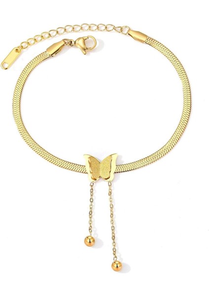 Kelebek Detaylı İtalyan Çelik Gold Bileklik