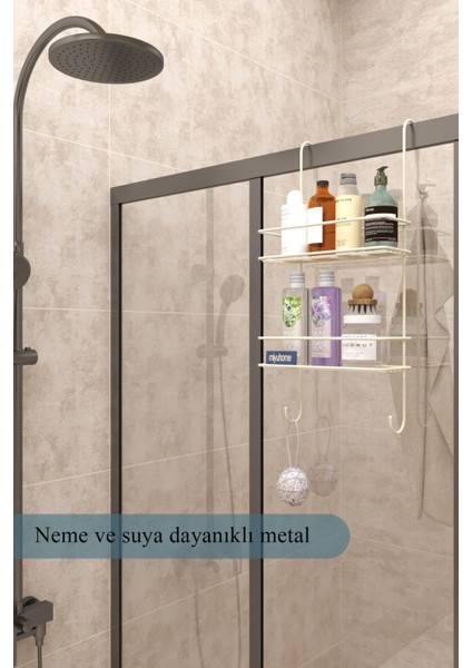 Asılabilir Lüks Banyo Rafı Kancalı Şampuanlık Paslanmaz Duşakabin Rafı Delmeden asılır duş rafı Bej