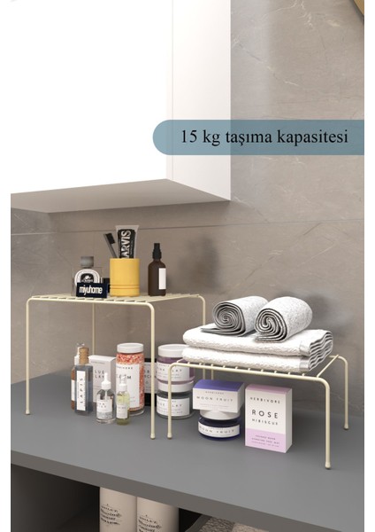 2’li Çok Amaçlı Raf Banyo Düzenleyici Mutfak Tencere Düzenleyici Dolap Içi Tezgah Üstü Organizer Bej