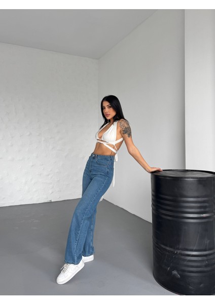 Orta Mavi Yüksek Bel Straight Jeans