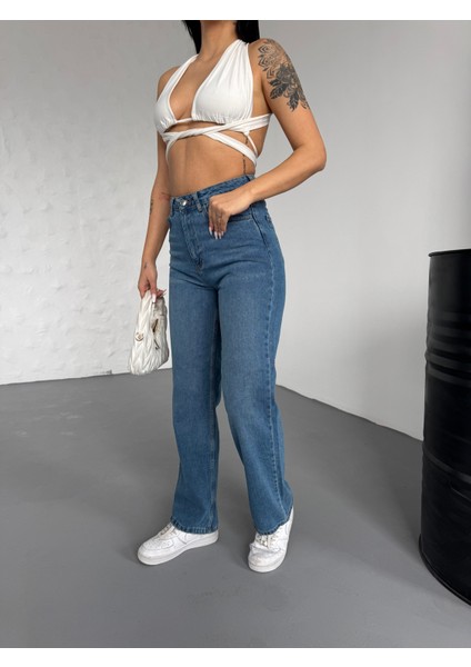 Orta Mavi Yüksek Bel Straight Jeans