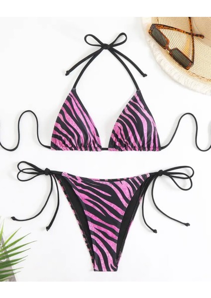 Özel Tasarım Dans Eden Çizgiler Baskılı Brazilian Beach Club Kadın Bikini Takımı