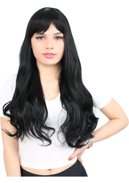 Kahküllü Uzun Dalgalı Fiber Sentetik Peruk - Siyah