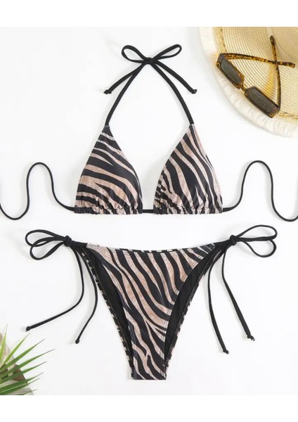 Özel Tasarım Dans Eden Çizgiler Baskılı Brazilian Beach Club Kadın Bikini Takımı