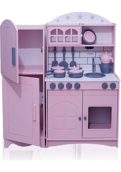Özka Hobyy Wood Toys2 Kapaklı Buzdolaplı Mutfak Tencere ve Tava Setli(Pembe)