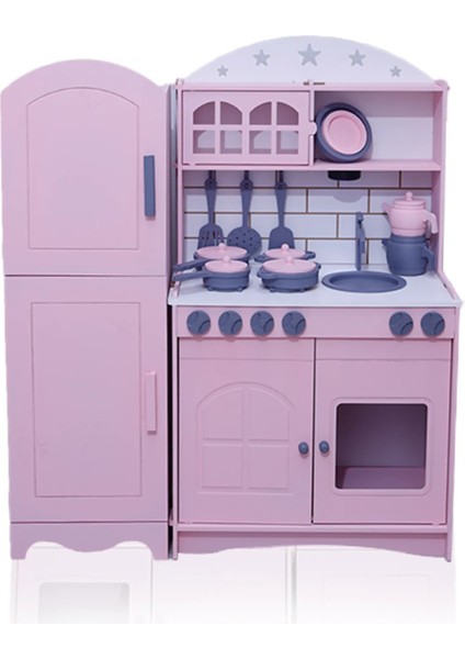 Özka Hobyy Wood Toys2 Kapaklı Buzdolaplı Mutfak Tencere ve Tava Setli(Pembe)