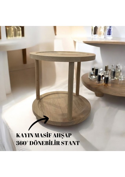 Kayın Masif Ahşap 360° Dönen Dekoratif Iki Katlı Stant/Sunumluk/Düzenleyici-Organizer Tepsi