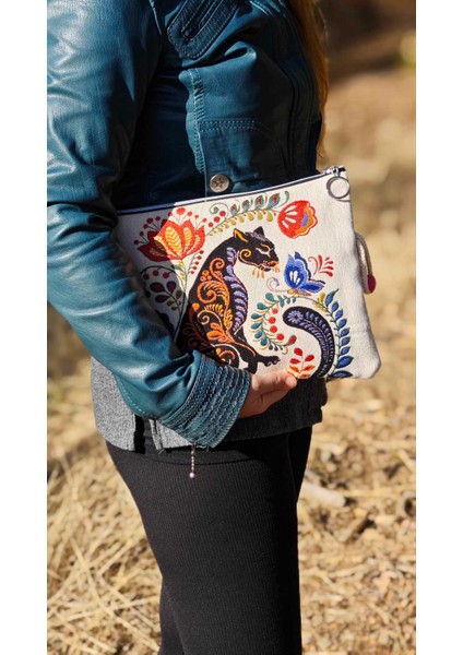 Siyah Kedi Bez Çanta ve Portföy Clutch El Çantası, Etnik Omuz Çanta, Makine Dokuma Kalın Kumaş Çanta