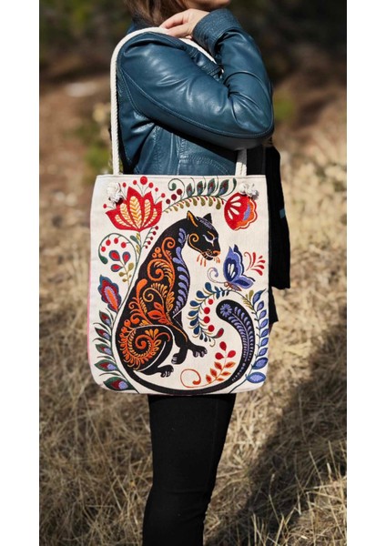 Siyah Kedi Bez Çanta ve Portföy Clutch El Çantası, Etnik Omuz Çanta, Makine Dokuma Kalın Kumaş Çanta