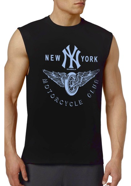 Ny Moto Club Siyah Kesik Kol / Kolsuz Erkek T-Shirt