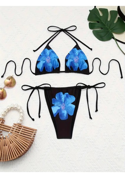 Özel Tasarım Kırmızı Sanatsal Çiçek Baskılı Beach Club Brazilian Kadın Bikini Takımı