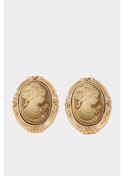 Bej Vintage Tarzı Kabartma Tasarım Cameo Küpe