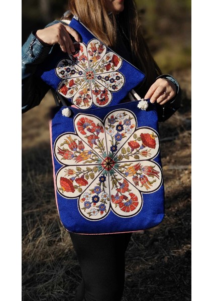 Mavi Çiçek Desen Bez Çanta & Portföy Clutch El Çantası, Etnik Omuz Çanta, Makine Dokuma Kumaş Çanta