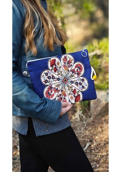 Mavi Çiçek Desen Bez Çanta & Portföy Clutch El Çantası, Etnik Omuz Çanta, Makine Dokuma Kumaş Çanta