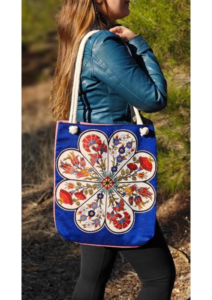 Mavi Çiçek Desen Bez Çanta & Portföy Clutch El Çantası, Etnik Omuz Çanta, Makine Dokuma Kumaş Çanta