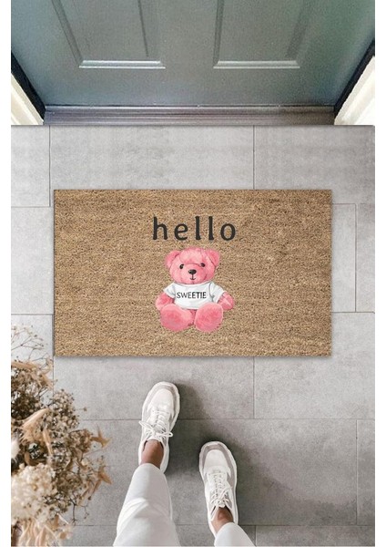 Kahverengi Kapı Önü Paspası Pembe Ayı Desen K-3286